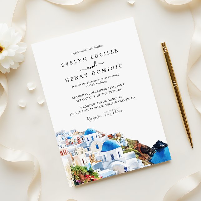 Invitation Mariage de destination à Santorin Grèce aquarelle (Créateur téléchargé)