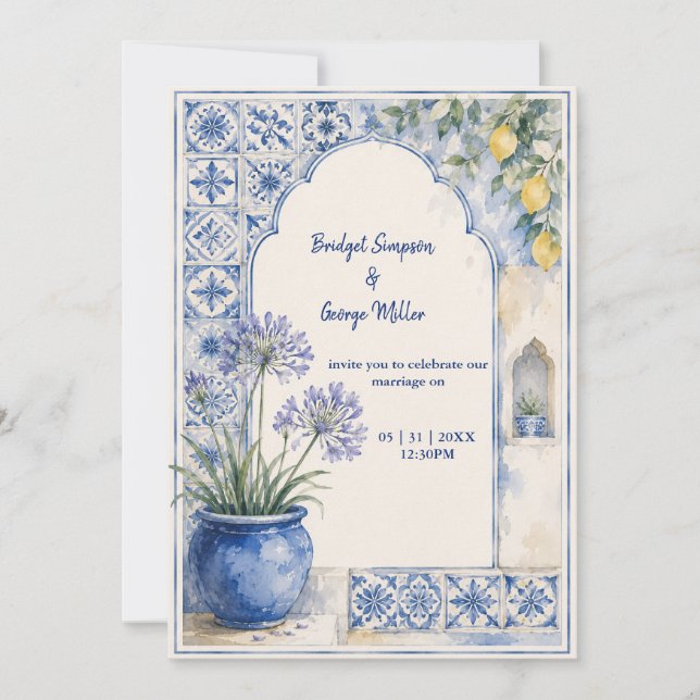 Invitation Mariage de Destination Amalfi Lemon Blue Tile (Devant)