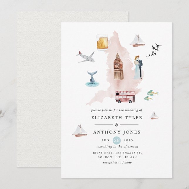 Invitation Mariage de destination aquarelle Angleterre Royaum (Devant / Derrière)