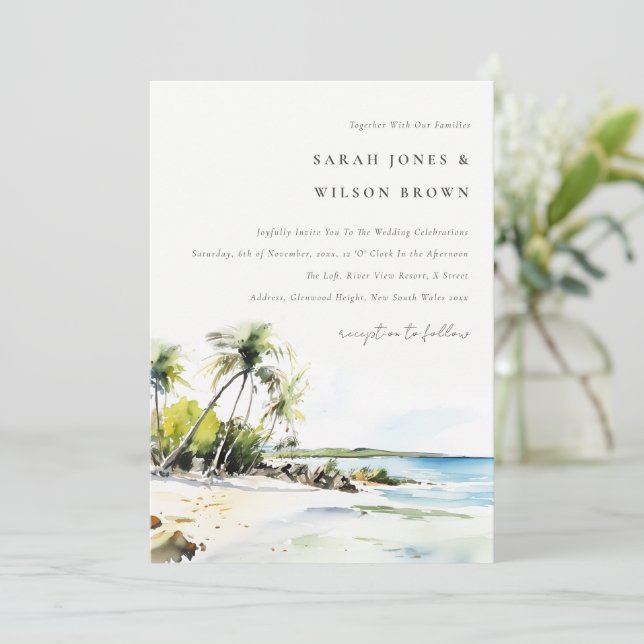 Invitation Mariage de Destination Aquarelle Côtière Tropicale (Debout devant)