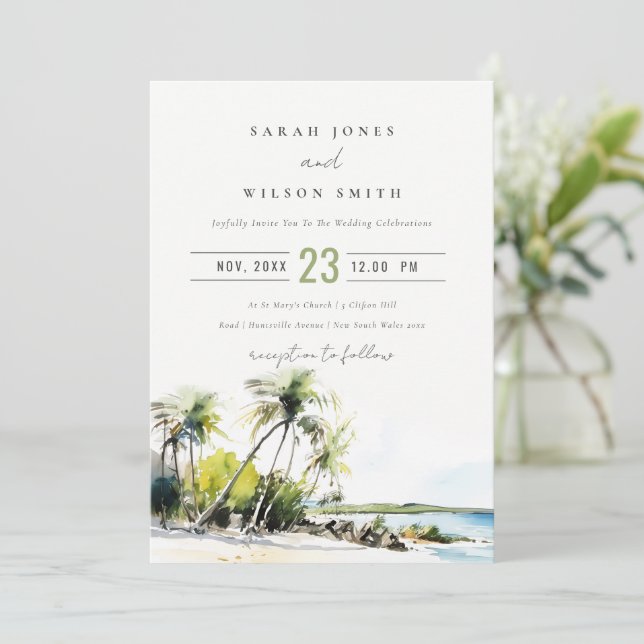 Invitation Mariage de Destination Aquarelle Côtière Tropicale (Debout devant)