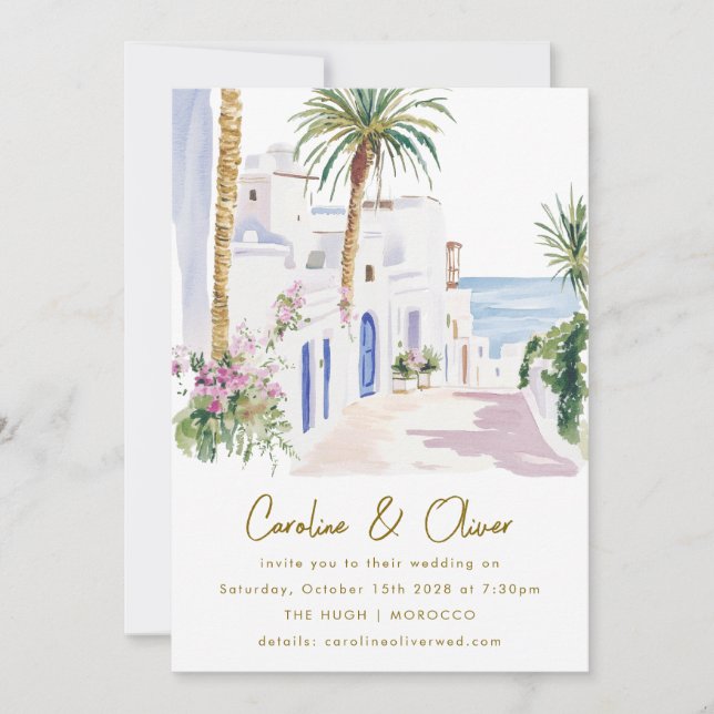 Invitation Mariage de destination aquarelle sur la côte maroc (Devant)