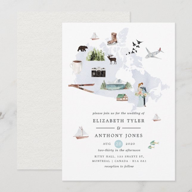 Invitation Mariage de destination au Canada aquarelle (Devant / Derrière)