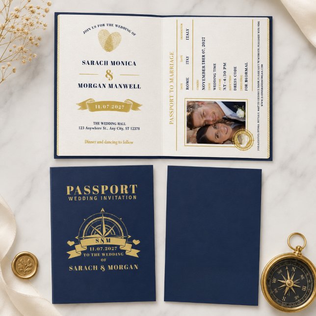 Invitation Mariage de destination au passeport Nautical Bleu  (passport wedding passport wedding destination travel boarding pass mexico navy blue nautical anchor )