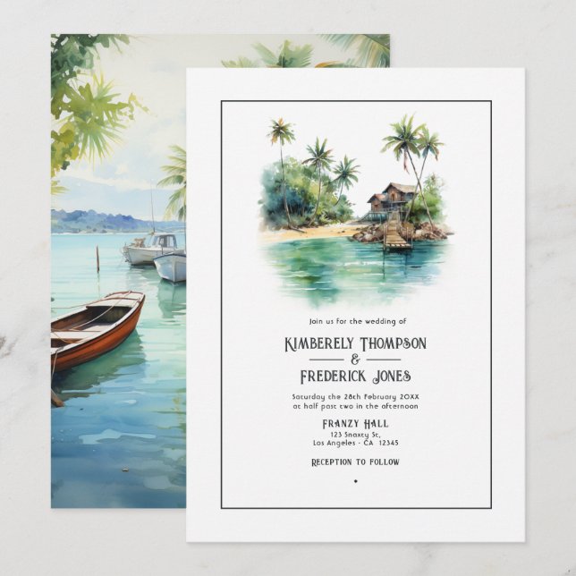 Invitation Mariage de destination aux Caraïbes à l'aquarelle (Devant / Derrière)