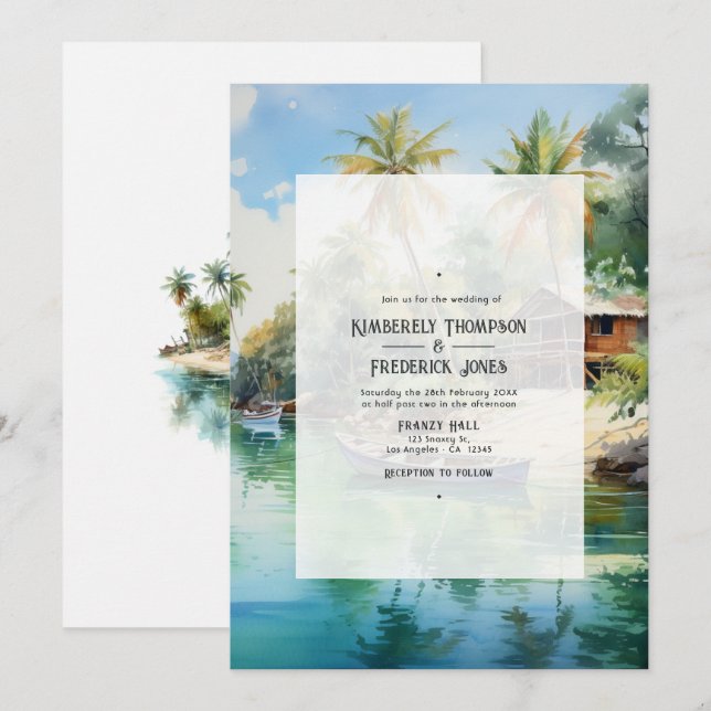 Invitation Mariage de destination caribéen à l'aquarelle (Devant / Derrière)