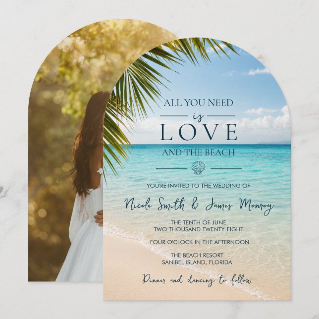 Invitation Mariage de destination côtière Amour et La Plage  (Devant / Derrière)
