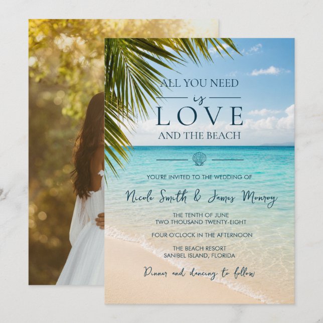Invitation Mariage de destination côtière Amour et La Plage  (Devant / Derrière)