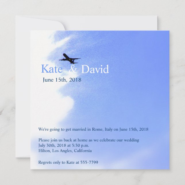 Invitation Mariage de destination dans le ciel en avion sur m (Devant)