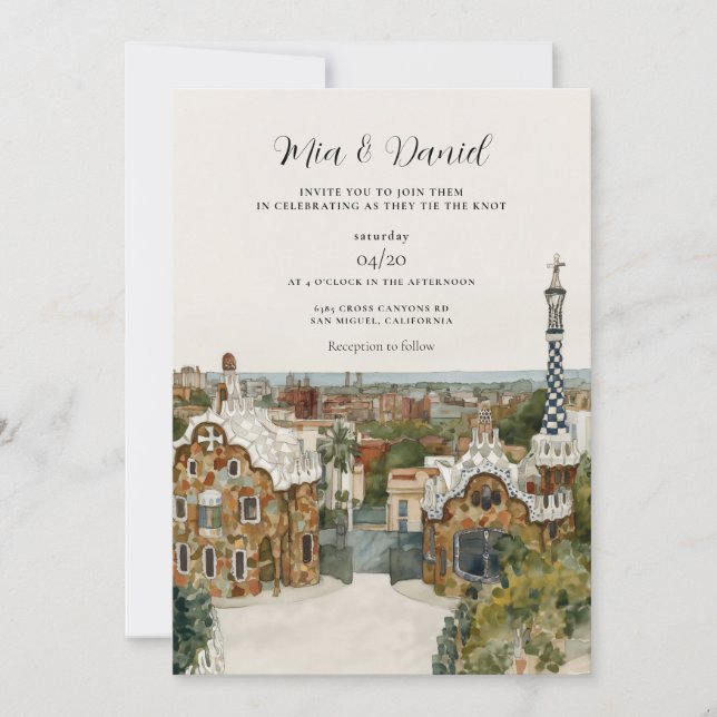 Invitation MARIAGE DE DESTINATION DE BARCELONE Espagne Skylin (Devant)