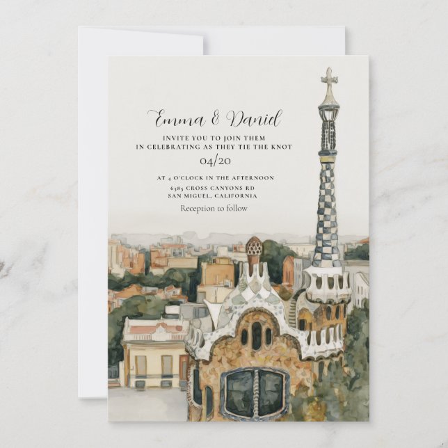 Invitation MARIAGE DE DESTINATION DE BARCELONE Espagne Skylin (Devant)
