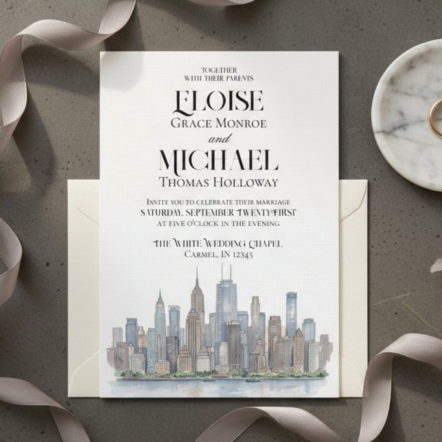 Invitation Mariage de Destination de la Silhouette Urbaine de (Modern Watercolor City Skyline Destination Wedding Invitation)