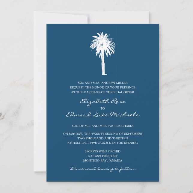 Invitation Mariage de destination de Navy Blue Palm Tree (Devant)