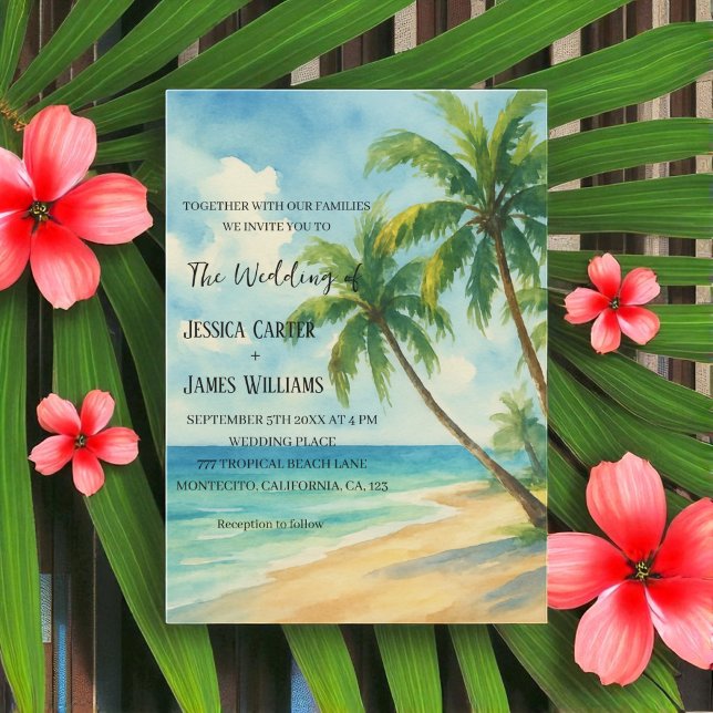 Invitation Mariage de destination de plage tropicale aux palm (Créateur téléchargé)