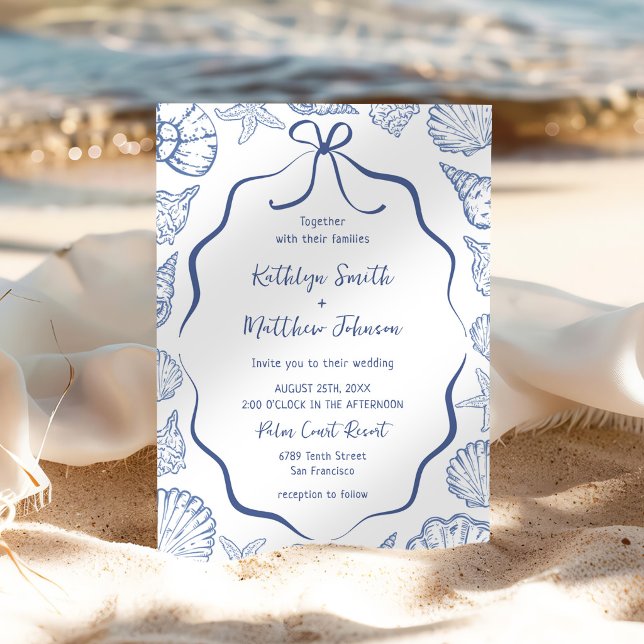 Invitation Mariage de destination Dusty Blue Seashell sur la  (Créateur téléchargé)