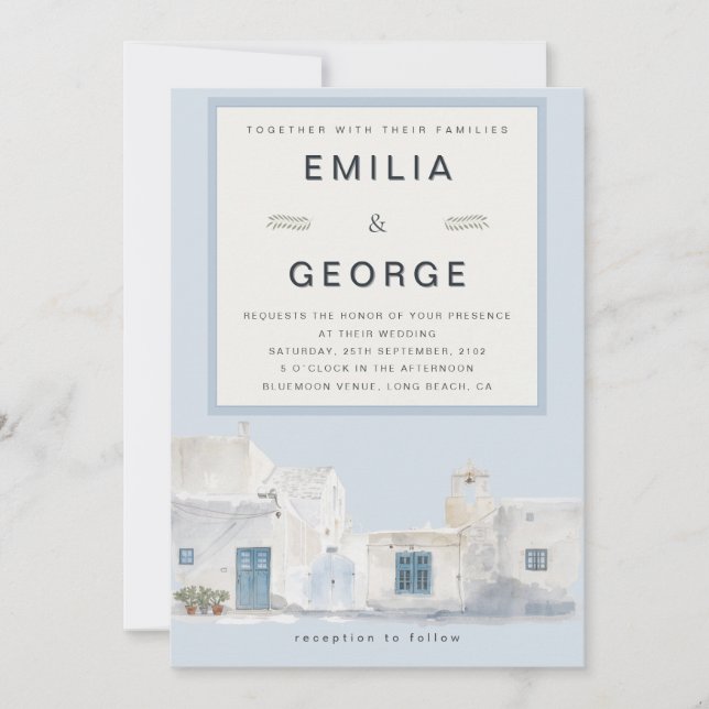 Invitation Mariage de destination élégant en bleu grec | Élég (Devant)