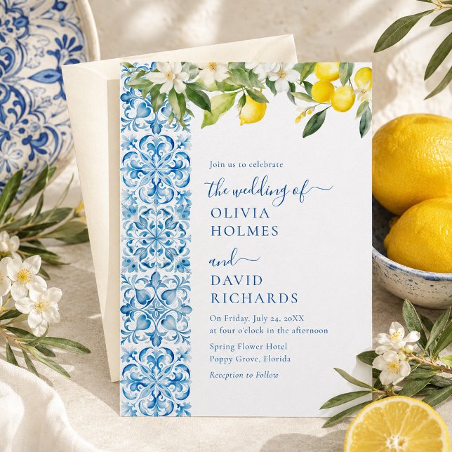 Invitation Mariage de Destination en Carrelage Bleu au Citron (Italian Lemon Blue Tile Destination Wedding Invitation)