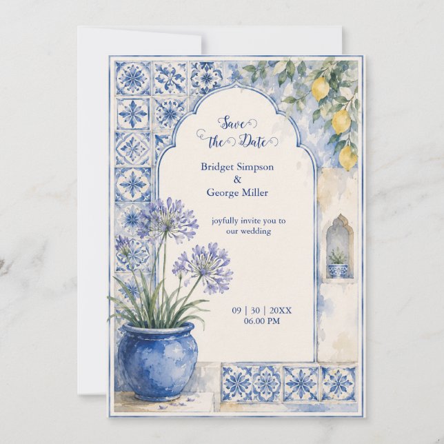 Invitation Mariage de destination en carrelage bleu Citron d' (Devant)