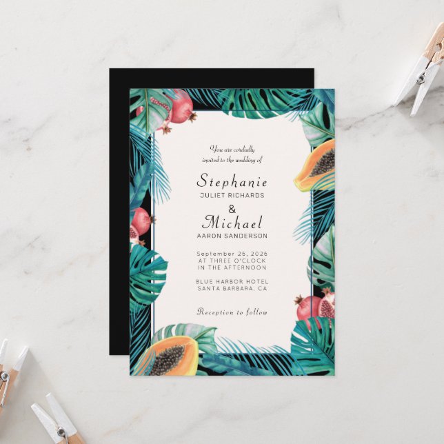 Invitation Mariage de destination Feuille tropicaux (Devant/Arrière en situation)