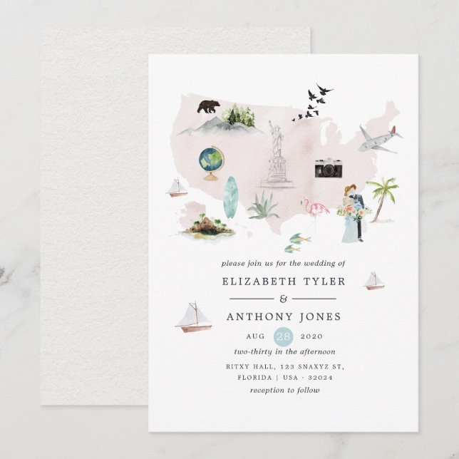 Invitation Mariage de destination Floride USA à l'aquarelle (Devant / Derrière)