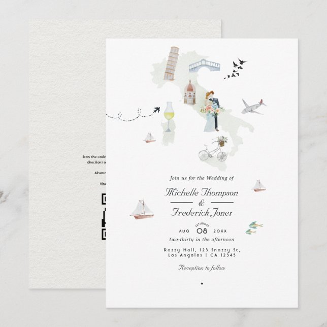 Invitation Mariage de destination italien à code QR aquarelle (Devant / Derrière)