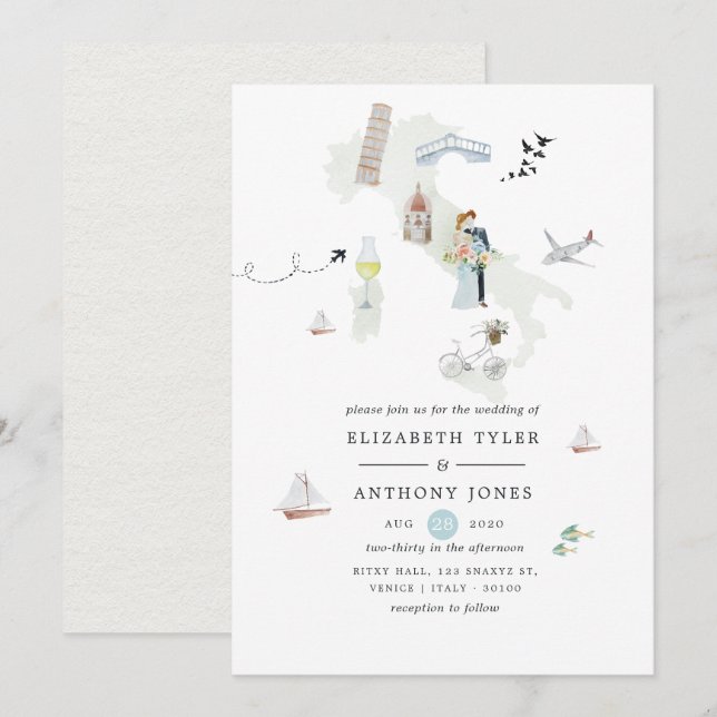 Invitation Mariage de destination italien aquarelle (Devant / Derrière)