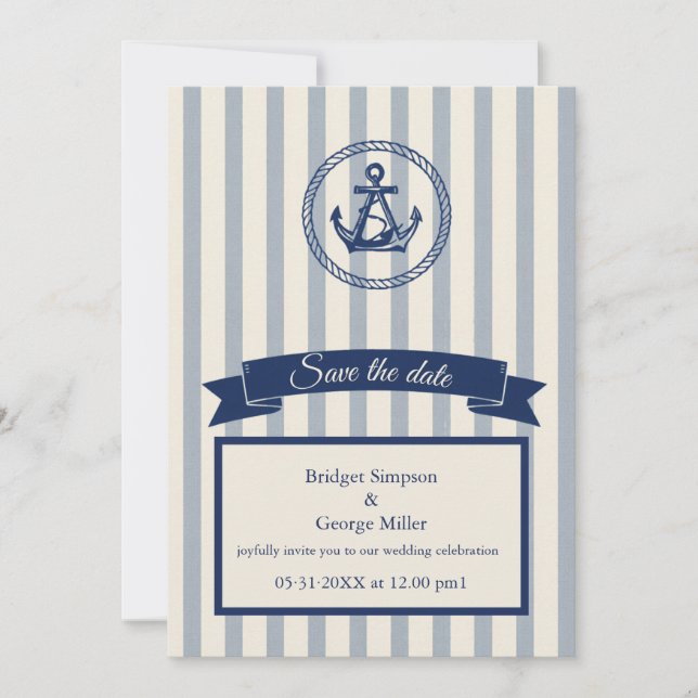Invitation Mariage de destination maritime à rayures bleues e (Devant)