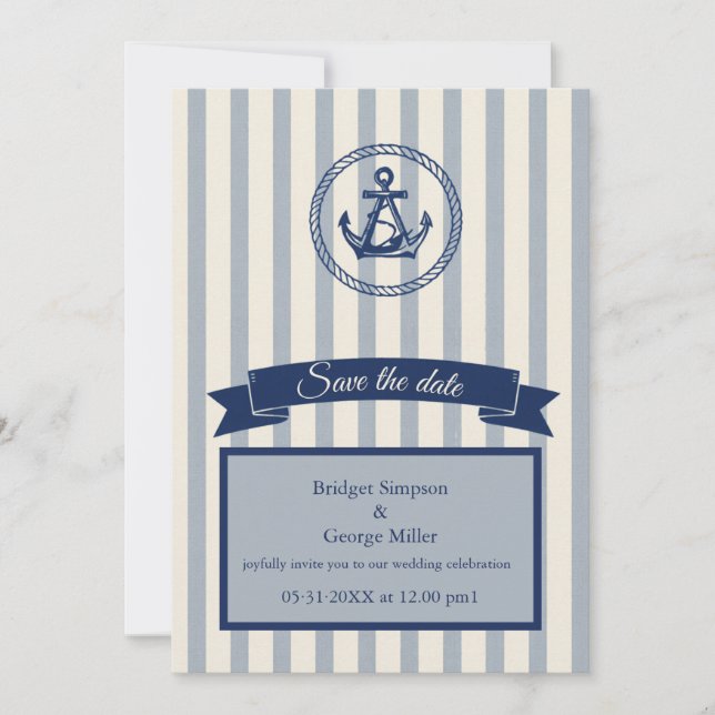 Invitation mariage de destination maritime à rayures d'ancrag (Devant)