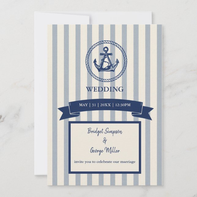 Invitation Mariage de destination maritime à rayures d'ancre  (Devant)