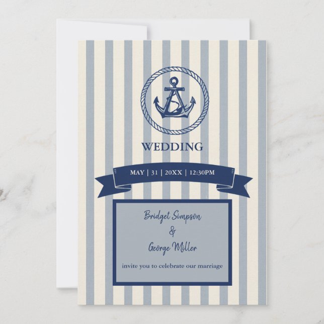 Invitation Mariage de destination maritime à rayures d'ancre  (Devant)