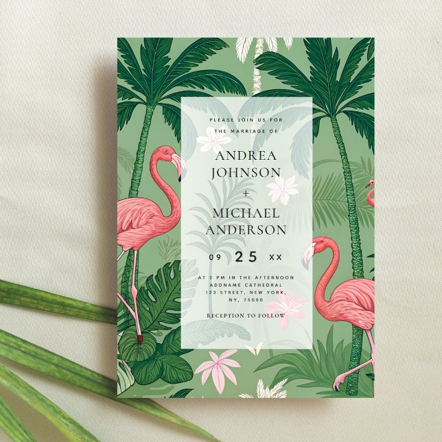 Invitation Mariage de Destination Palmier Tropical Flamant Ro (Créateur téléchargé)