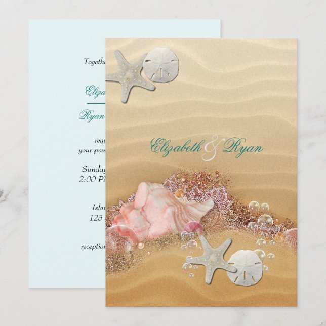 Invitation Mariage de Destination Plage Étoile de Mer Coquill (Devant / Derrière)