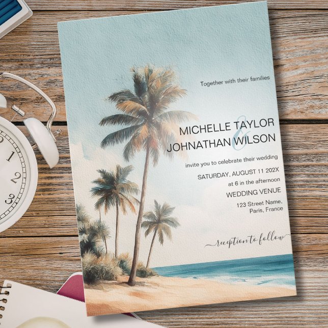 Invitation Mariage de destination rétro tropical à la plage (Retro Tropical Palm Beach Destination Wedding Invitation)