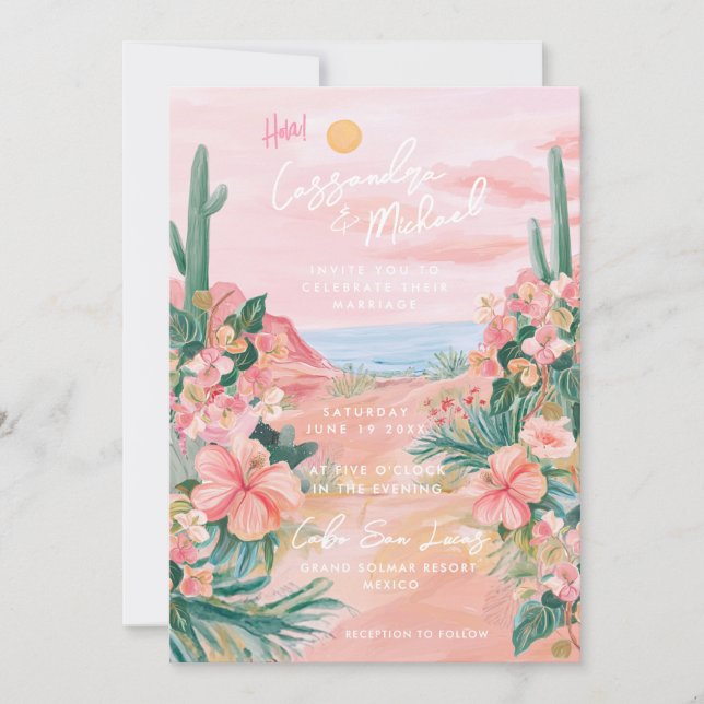 Invitation Mariage de destination rose au Mexique (Devant)