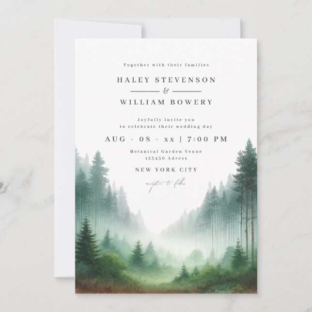 Invitation Mariage de Destination Rustique Aquarelle Forêt Ve (Devant)