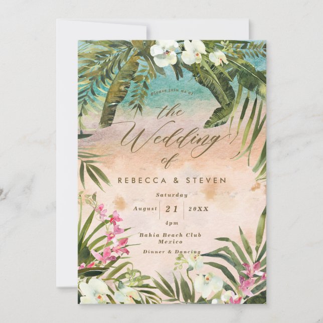 Invitation mariage de destination sur une plage aux feuilles  (Devant)