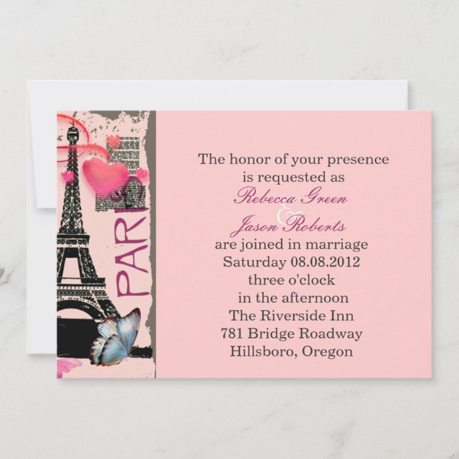 Invitation mariage de destination tour eiffel rose Paris (Devant)