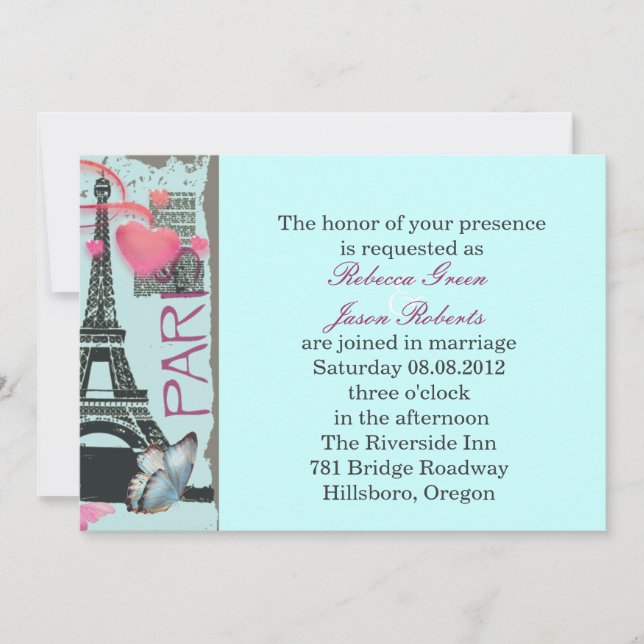 Invitation mariage de destination tour eiffel rose paris (Devant)