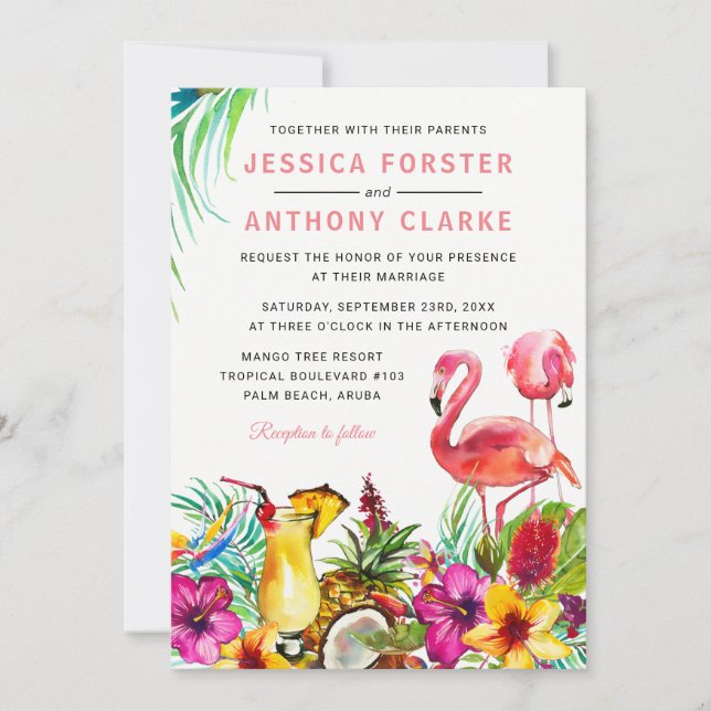 Invitation Mariage de Destination Tropical Flamingo sur la Pl (Devant)