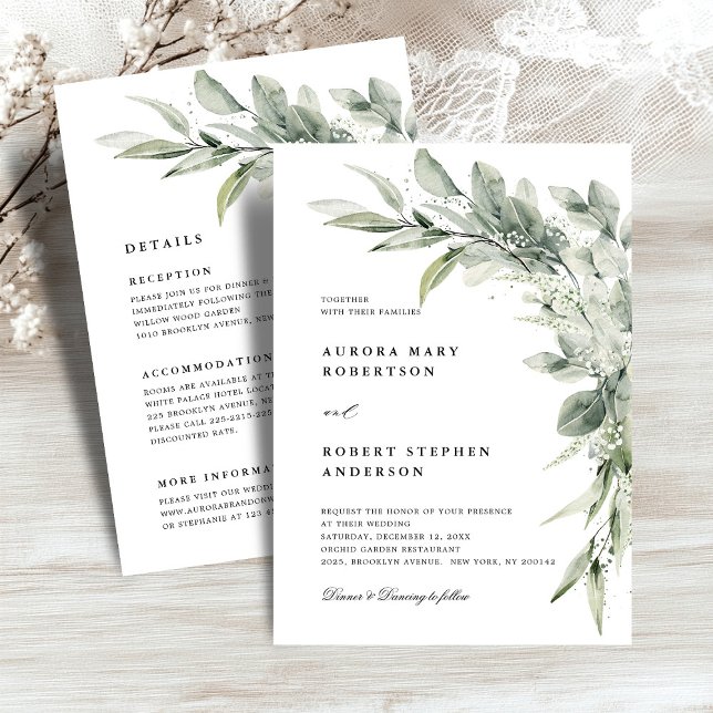 Invitation Mariage de détail Sage Green Eucalyptus All in One (Sage Green Eucalyptus Minimalist Botanical Wedding all in one details invitation)