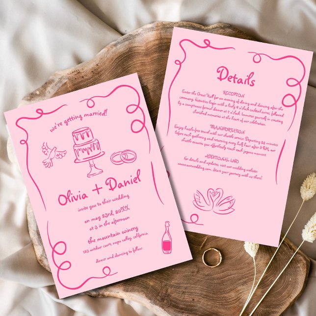 Invitation Mariage de détails Whimsical main tiré Hot Pink (Créateur téléchargé)
