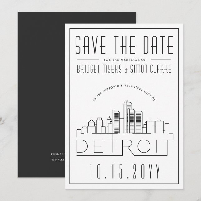 Invitation Mariage de Detroit | Skyline stylisée Enregistrer  (Devant / Derrière)