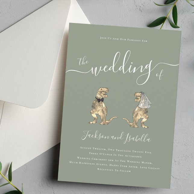 Invitation Mariage de Dinosaures Boho Vert Sauge (Whimsical boho Dinosaur T-Rex bride and groom elegant sage green wedding invitation )