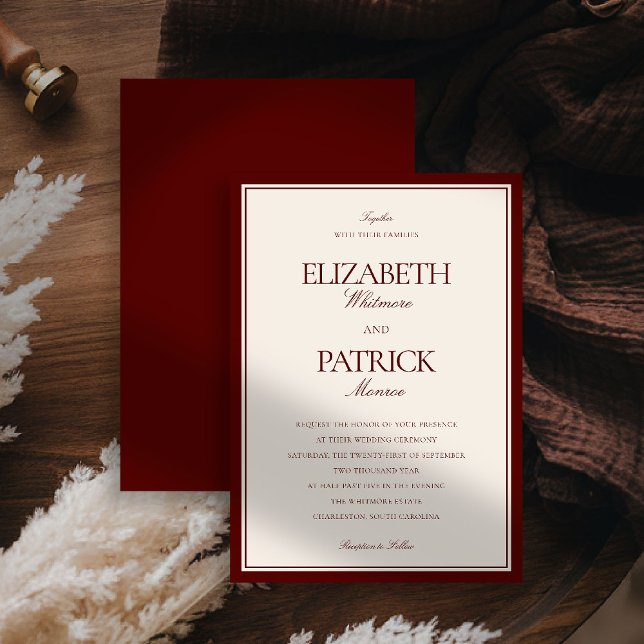 Invitation Mariage de domaine classique moderne Formel Bourgo (deep burgundy wedding invitation quiet luxury old money double frame formal modern classic couple)