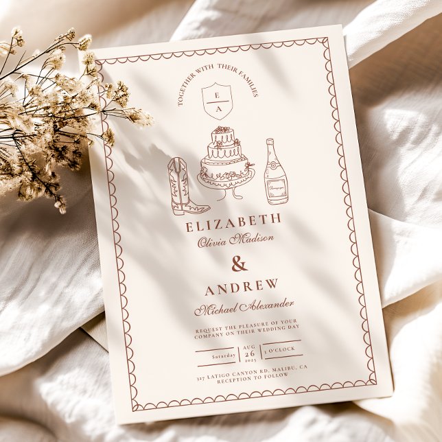 Invitation Mariage de doodle occidental funky tiré à la main  (Créateur téléchargé)