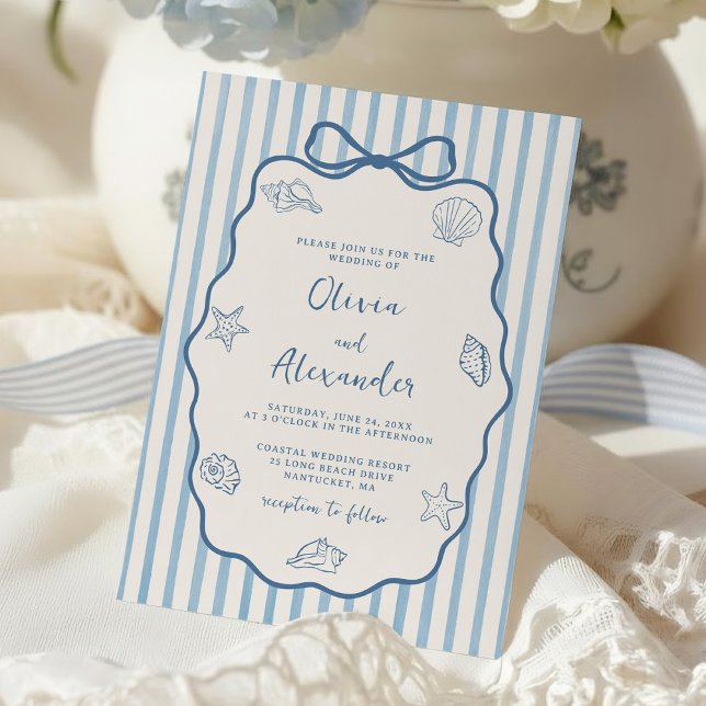 Invitation Mariage de fantaisie à rayures bleues côtières (Créateur téléchargé)