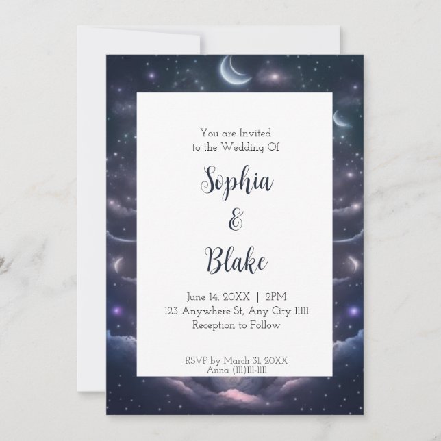 Invitation Mariage de Fantaisie Céleste Bleu et Violet (Devant)