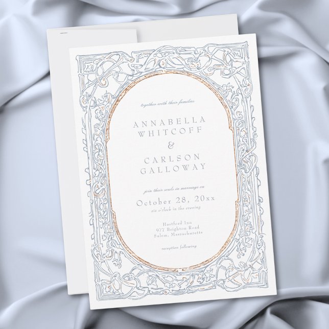 Invitation Mariage de fantasy médiévale bleu et or (Medieval Fantasy Blue & Gold Etching Wedding Invitation)