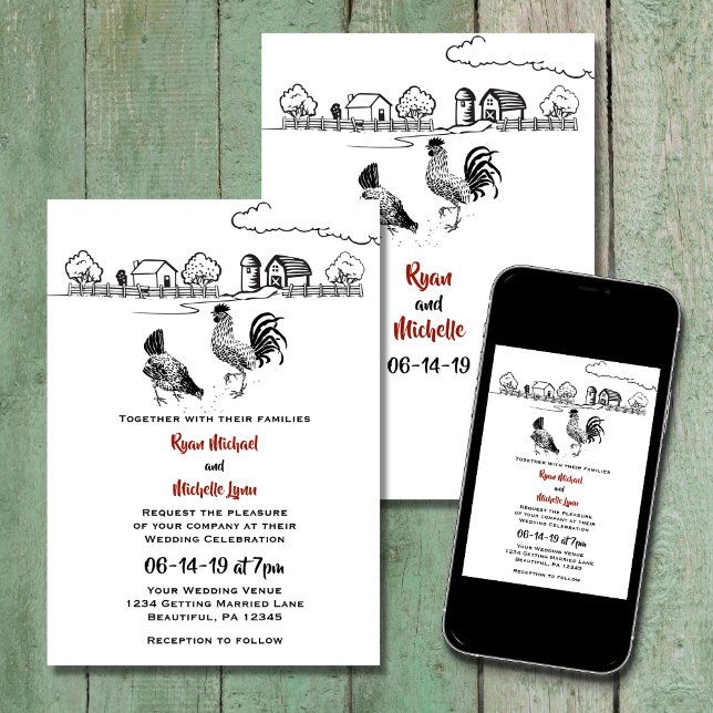 Invitation Mariage de ferme de poulet et poulets en amour (Créateur téléchargé)