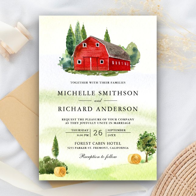Invitation Mariage de ferme rustique à l'aquarelle rouge gran (Créateur téléchargé)